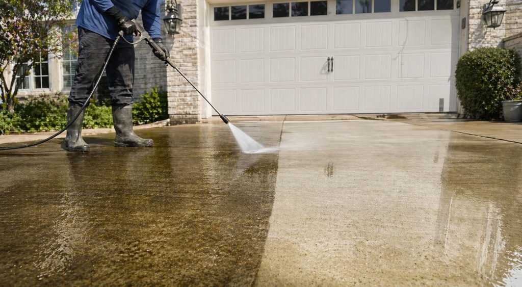 Driveway cleaning with professional pressure washing services, removing dirt and stains.